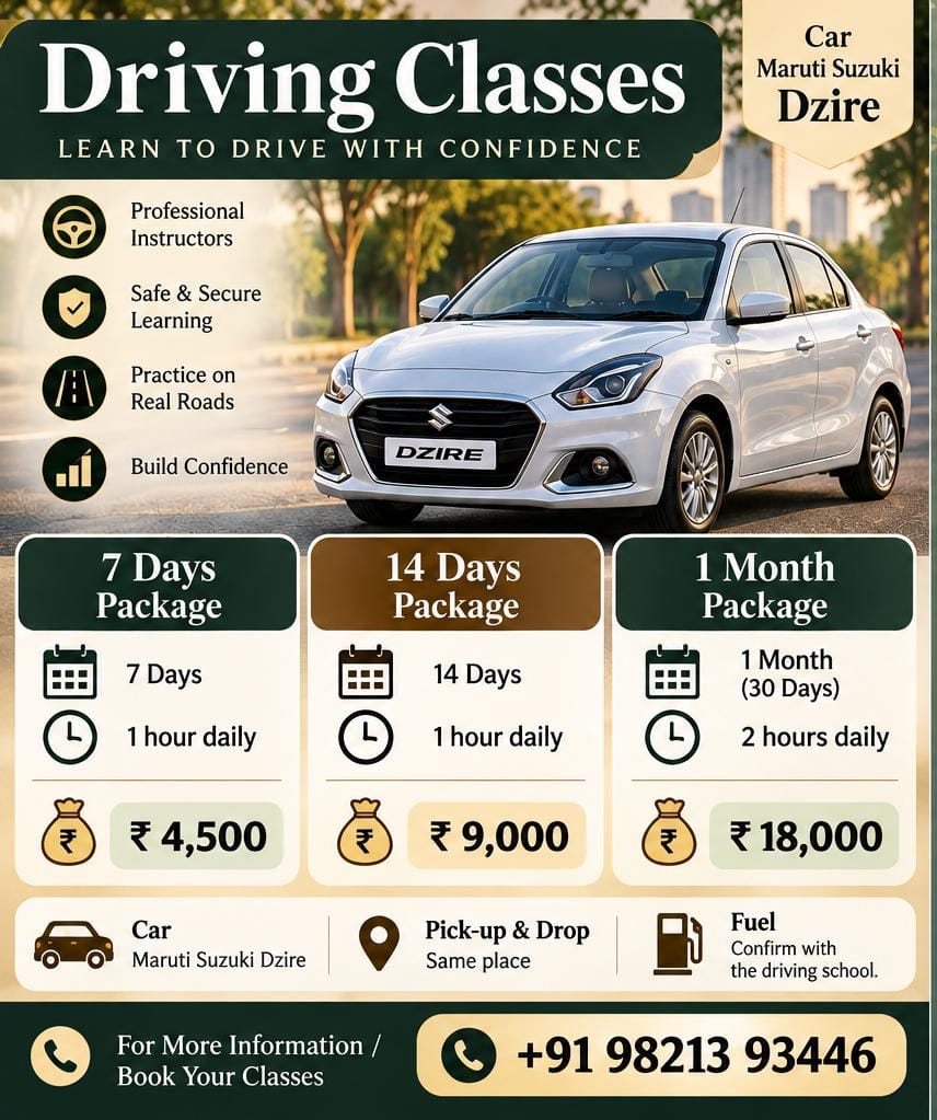 Driving classes poster showing a white Maruti Suzuki Dzire and the 7-day, 14-day, and 1-month package prices.